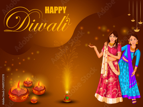 Indian people celebrating  Happy Diwali festival holiday celebration of India greeting background