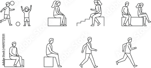 People activity illustrations, sitting, running, walking, playing soccer, cad drawing flat vector illustration, lifestyle design, modern line art