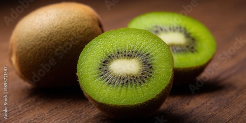 Freshly sliced kiwi fruit displays vibrant green color on a wooden surface, ready to eat.