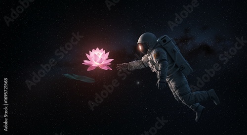 Astronaut holding glowing lotus flower floating in dark space v3