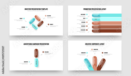 Financial Strategy Four Five Two Three Step Diagram Slide Template Vector Illustration Bundle. Service Visualization 4 5 2 3 Element Infographic Presentation Design Set.