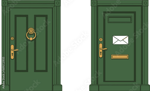 two green doors side by side with different handles