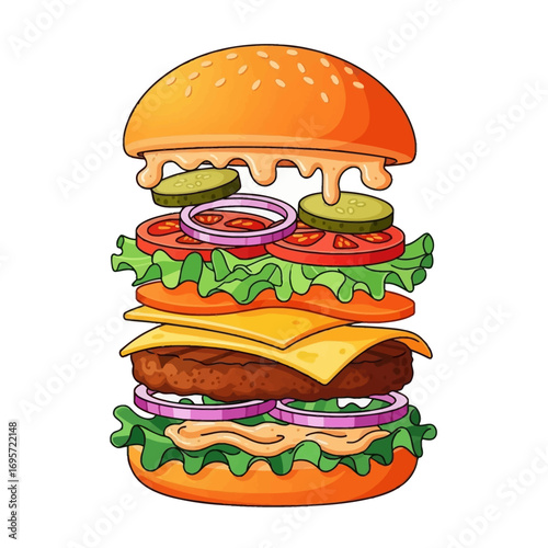 A detailed illustration of a delicious burger with all the ingredients stacked high.