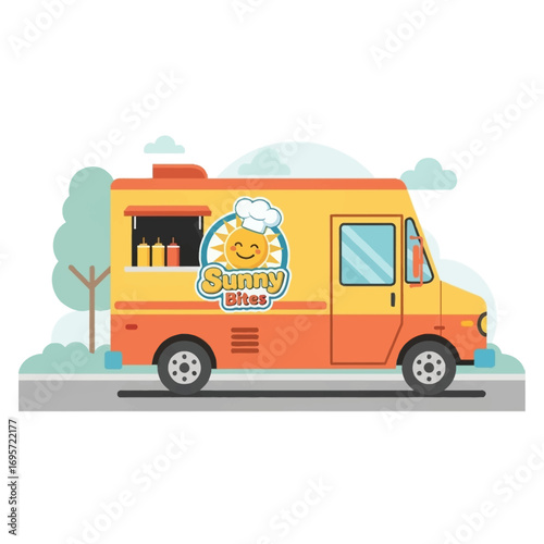 Illustration of a food truck with a sunny logo, parked on a road with trees and clouds.