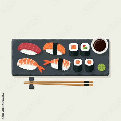A top-down view of a sushi platter with various types of sushi and dipping sauce.
