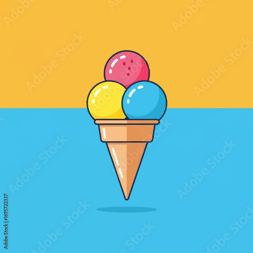 Illustration of a colorful ice cream cone with three scoops of different flavors.