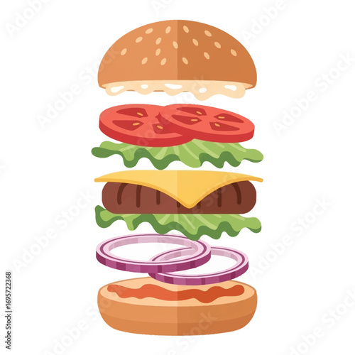 An exploded view of a delicious hamburger, showcasing all the ingredients in layers.
