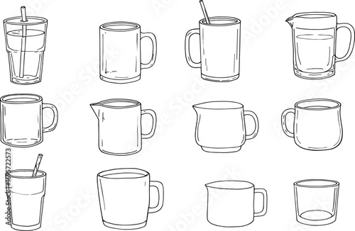 Hand Drawn Drinkware Collection of Cups, Mugs, Pitchers and Glasses with Straws in Minimal Line Art Style Vector Set