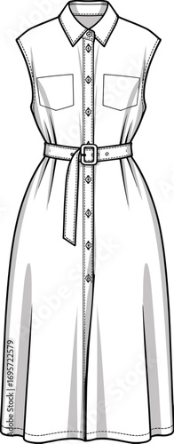 White sleeveless shirt dress with belt and button front on white background Keywords: dress, shirt dress, fashion, clothing