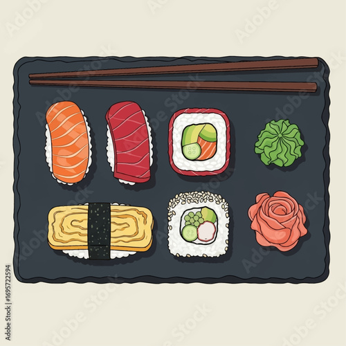 A detailed illustration of a sushi platter with various types of sushi and chopsticks.