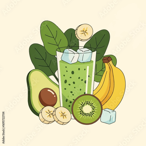 A vibrant illustration showcasing a refreshing green smoothie with various fruits and leafy greens.