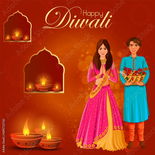 Indian people celebrating  Happy Diwali festival holiday celebration of India greeting background