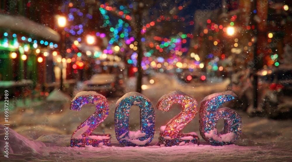 Fototapeta premium Decorative snow-covered numbers celebrate the arrival of 2026 in a vibrant city street illuminated with festive lights at night