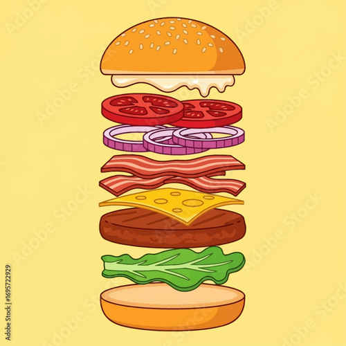 An illustrated burger with all the ingredients separated, including bun, lettuce, patty, cheese, bacon, onion, tomato, and sauce.