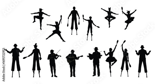 circus performers silhouettes dancing musicians stilt walkers