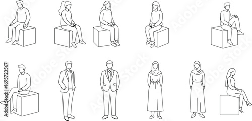 cad drawing flat vector illustration, people sitting on cube, standing man and woman, outline figure sketch, minimal human posture design