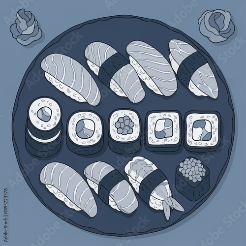 Illustration of a sushi platter with various types of sushi and pickled ginger on a dark plate.