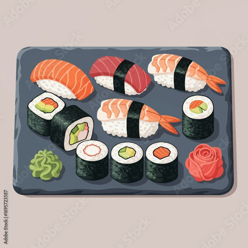 A beautifully arranged assortment of fresh sushi pieces on a dark rectangular serving platter.