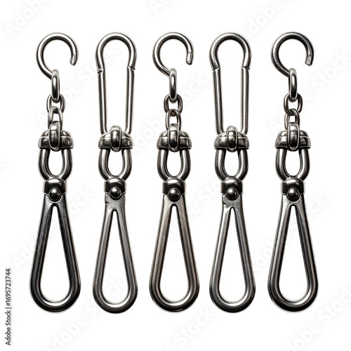 Five silver metal hook and eye closures for bags and clothing, isolated on a transparent background with studio lighting