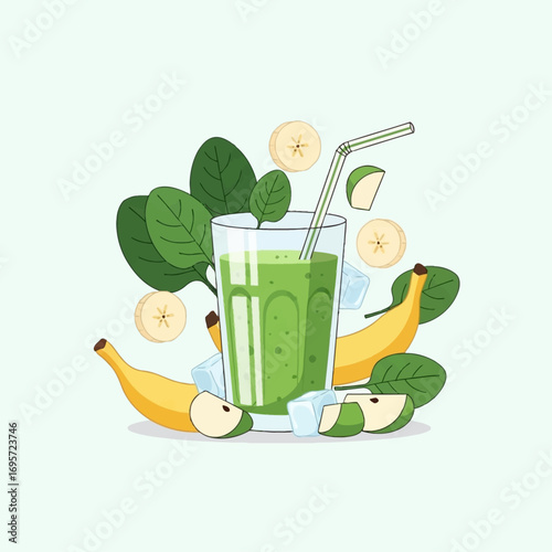 Illustration of a refreshing green smoothie with bananas, apple slices, spinach, and ice cubes.