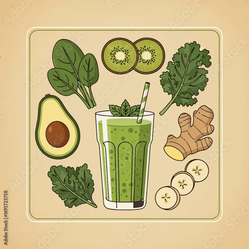 Illustration of a healthy green smoothie with various fresh ingredients, perfect for a nutritious start.