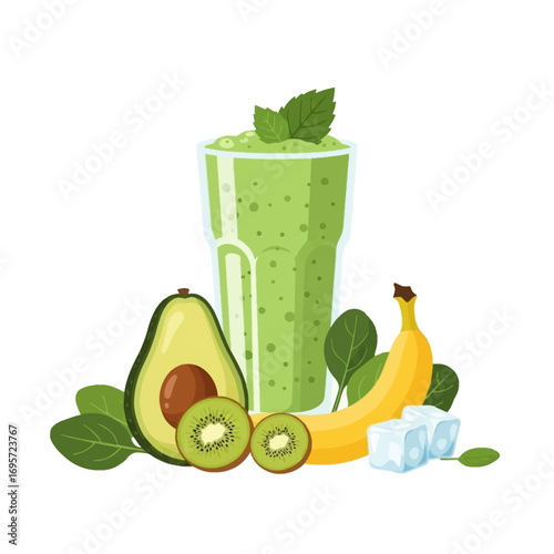 A refreshing green smoothie in a tall glass, surrounded by fresh fruits and ice cubes.