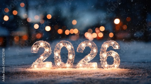 Bright lights form the year 2026 in a snowy urban setting during twilight