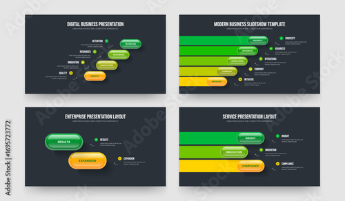 Enterprise Development 4 5 2 3 Option Infographic Slideshow Design Set. Financial Strategy Four Five Two Three Step Diagram Presentation Template Vector Illustration Collection.