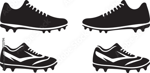 Four black silhouette athletic cleats for sports and games silhouette