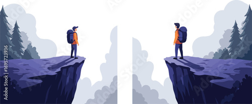 explorer stands on cliff edge looking into distance
