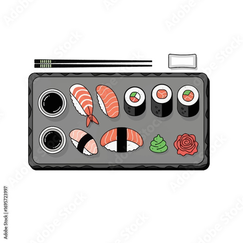 Sushi platter illustration with chopsticks, soy sauce, wasabi, and pickled ginger on a gray tray.