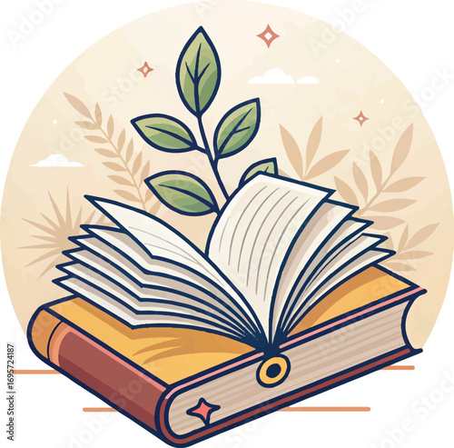 Open Book with Growing Plant Illustration – Knowledge Growth, Education, and Learning Concept