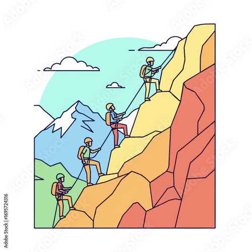 Illustration of rock climbers ascending a mountain with ropes, showcasing adventure and outdoor activity.