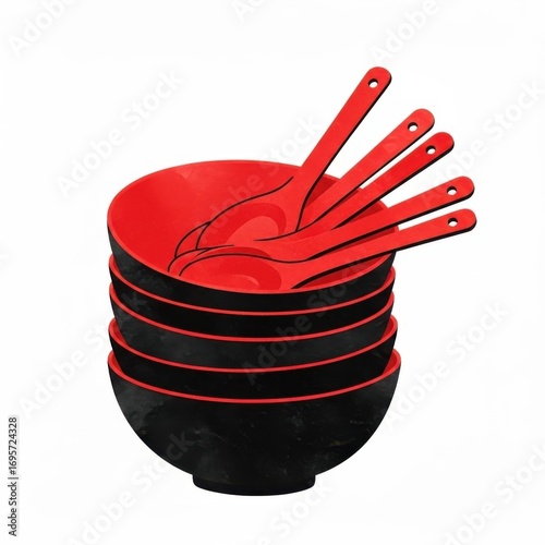 Stack of red and black ramen bowls with spoons isolated on transparent background