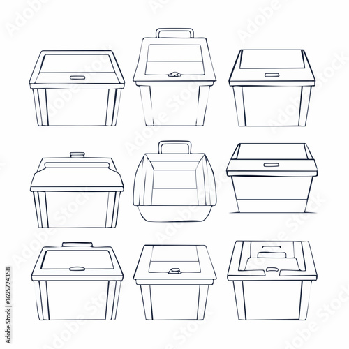 Cardboard food boxes outline set. Takeaway containers. Paper and plastic takeaway containers set. Empty snack packaging.