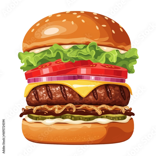 A vibrant and detailed illustration of a classic hamburger, showcasing its many delicious layers.