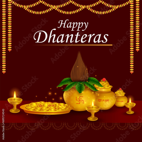 Gold Kalash with decorated diya for Happy Dhanteras Diwali festival holiday celebration of India greeting background