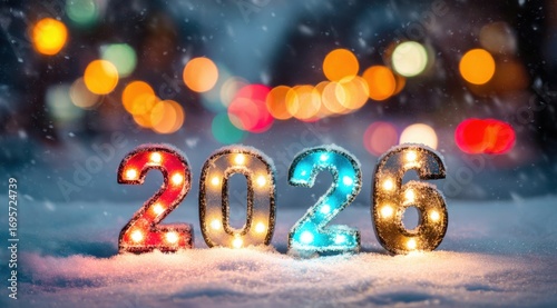 Colorful illuminated numbers 2026 in the snow on a winter evening with festive bokeh lights