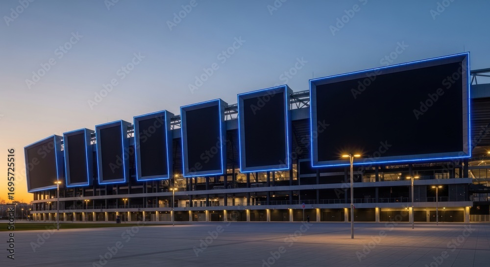 Fototapeta premium A modern stadium with large screens illuminated in blue, under a twilight sky, showcasing its architectural design.