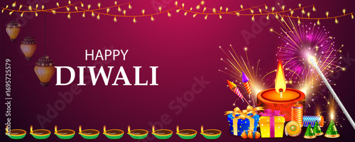 Decorated Diya for Happy Diwali festival holiday celebration of India greeting background