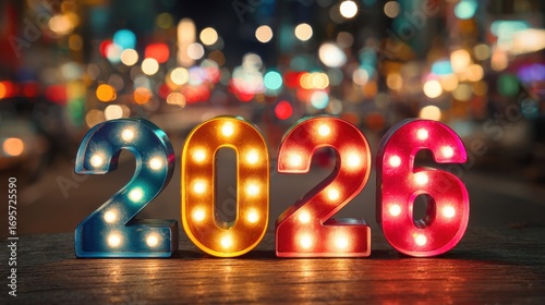 Colorful illuminated numbers 2026 decorating a bustling city street during nighttime festivities