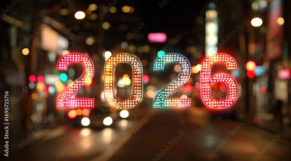 custom made wallpaper toronto digitalBrightly lit 2026 display in a bustling city street at night with blurred traffic in the background
