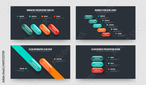 Product Strategy Four Five Two Three Step Diagram Presentation Template Vector Illustration Set. Marketing Development 4 5 2 3 Element Infographic Frame Layout Collection.