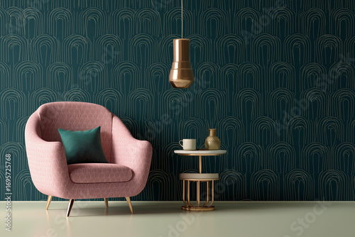 modern art deco wallpaper with a dark green and pink pattern, featuring an armchair in front of it. the room has a side table,