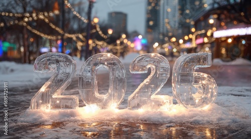 Ice sculpture displaying the year 2026 illuminated in a snowy urban setting during winter festivities