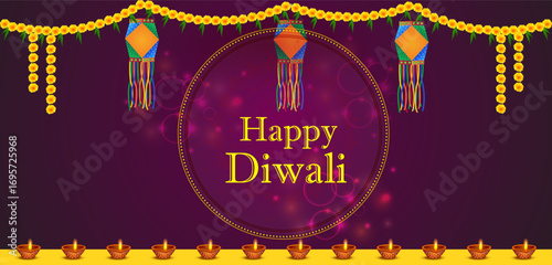 Decorated Diya for Happy Diwali festival holiday celebration of India greeting background