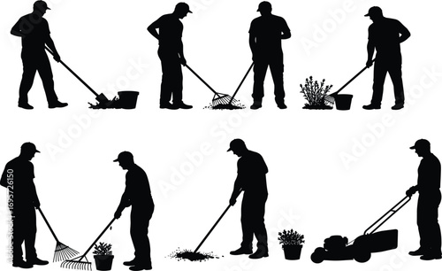 Silhouette gardening vector set showing people using rake, lawnmower, and tools for soil care, plant maintenance, and outdoor landscaping
