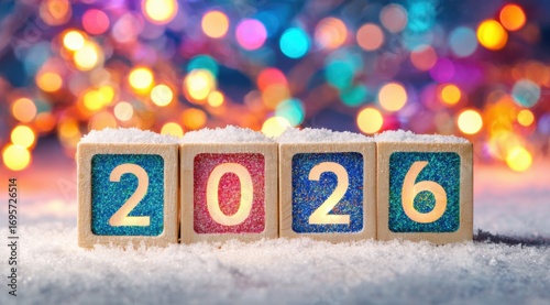 New year celebration with wooden blocks displaying 2026 surrounded by colorful bokeh lights and snow