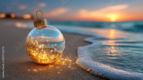 Christmas ornament suspended in golden beach sand, glowing with twinkling lights against vibrant sunset backdrop, evoking serene holiday magic