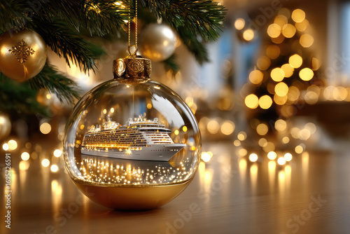 Glass Christmas ornament mirroring cruise vessel resting on wooden surface, blurred holiday lights and festive tree creating nautical seasonal atmosphere